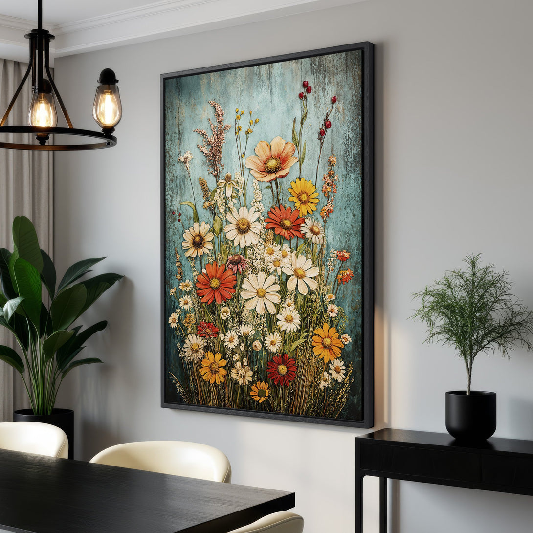 Framed Wall Art featuring a vibrant floral painting with a teal background and warm color palette. Perfect for adding a touch of nature-inspired art to your home.