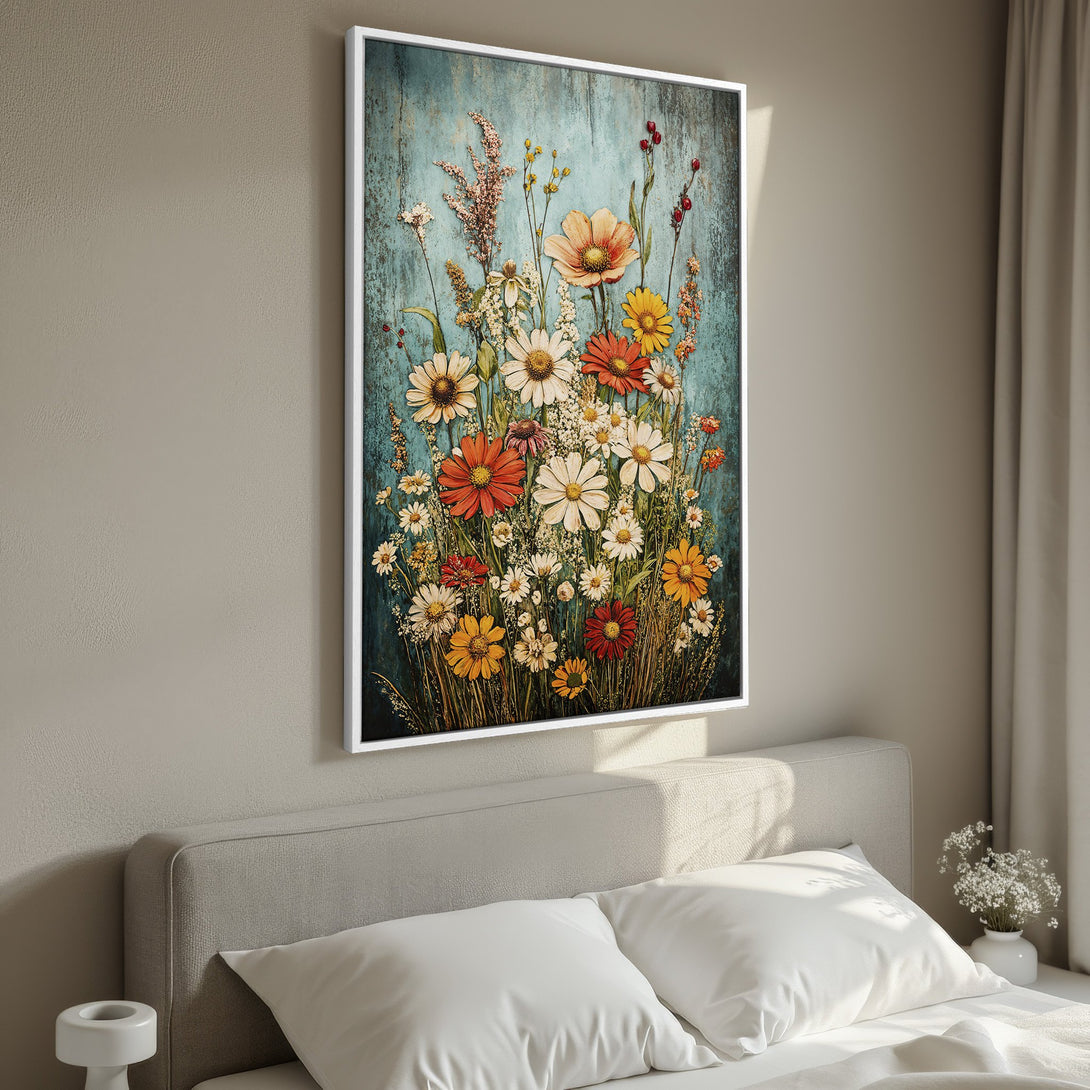 Framed Wall Art: Vintage floral print with a teal background and warm color palette. Perfect for bedroom decor. Shop now!