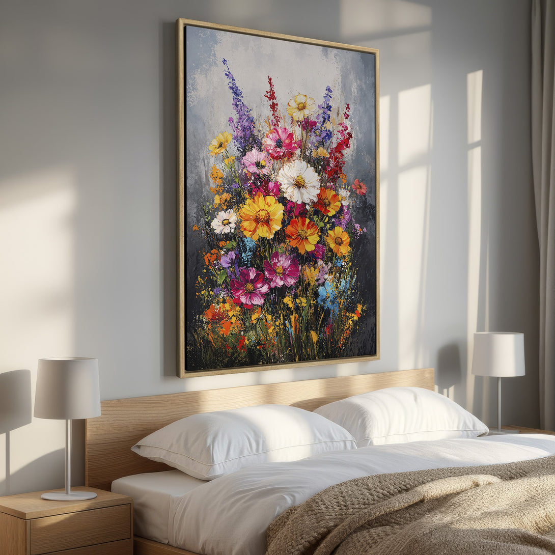 Framed Wall Art of vibrant floral painting in a bedroom. Features a colorful, impressionistic style with a warm, inviting palette.