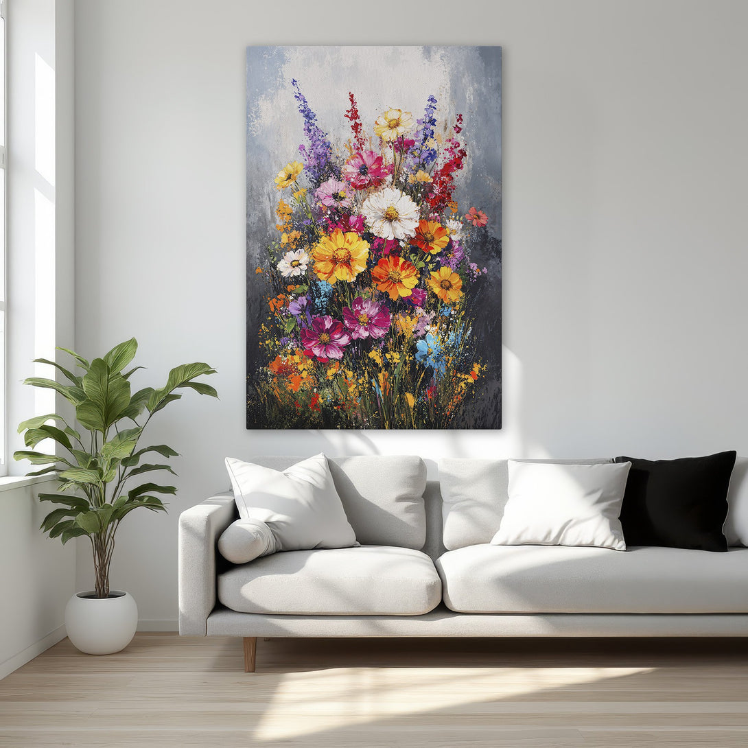 Framed Wall Art: Vibrant floral painting in a gold frame. Colorful, impressionistic style with a rich palette of reds, yellows, and purples. Perfect home decor.
