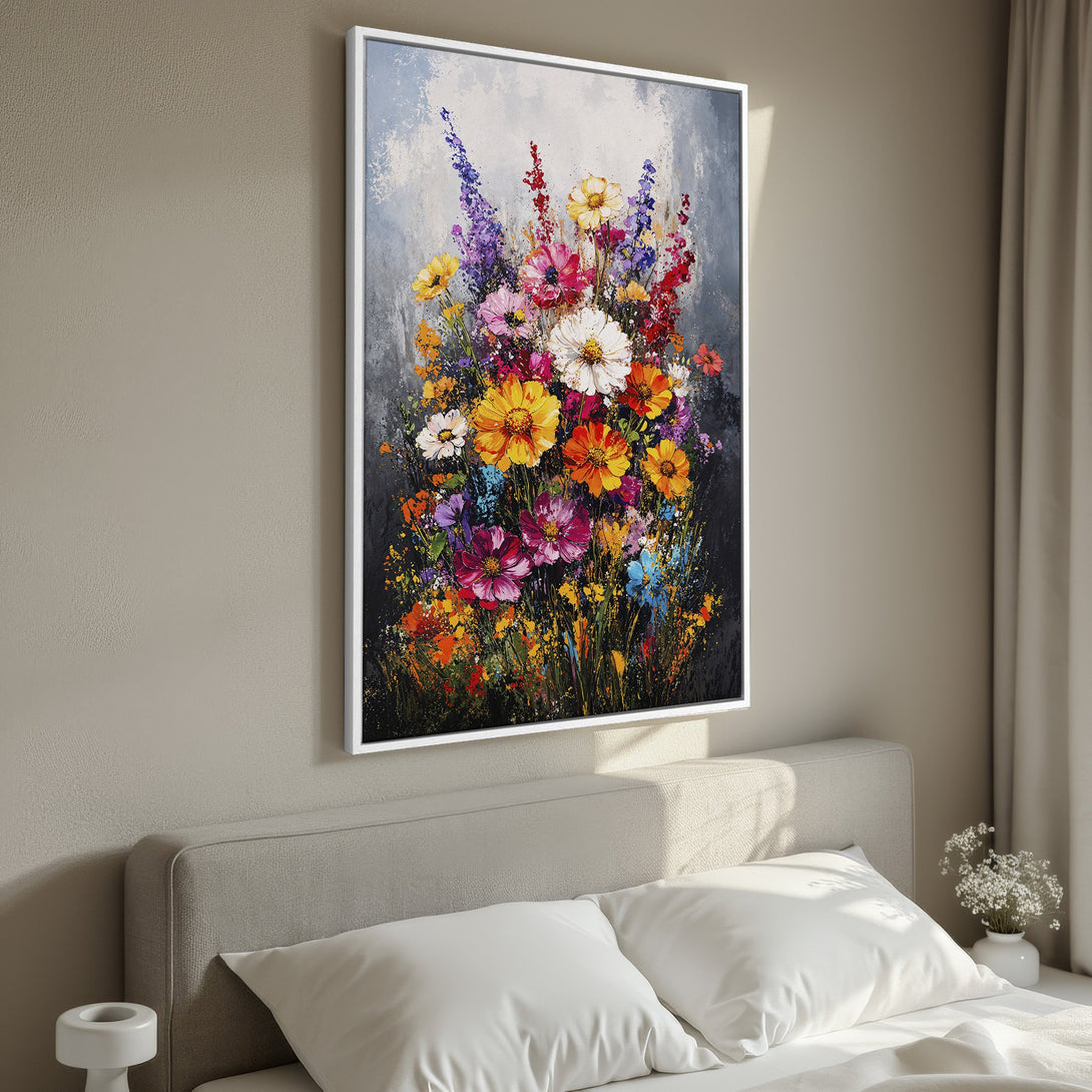 Framed Wall Art featuring a vibrant floral bouquet painting with a colorful, impressionistic style. Perfect for adding a pop of color to any room.