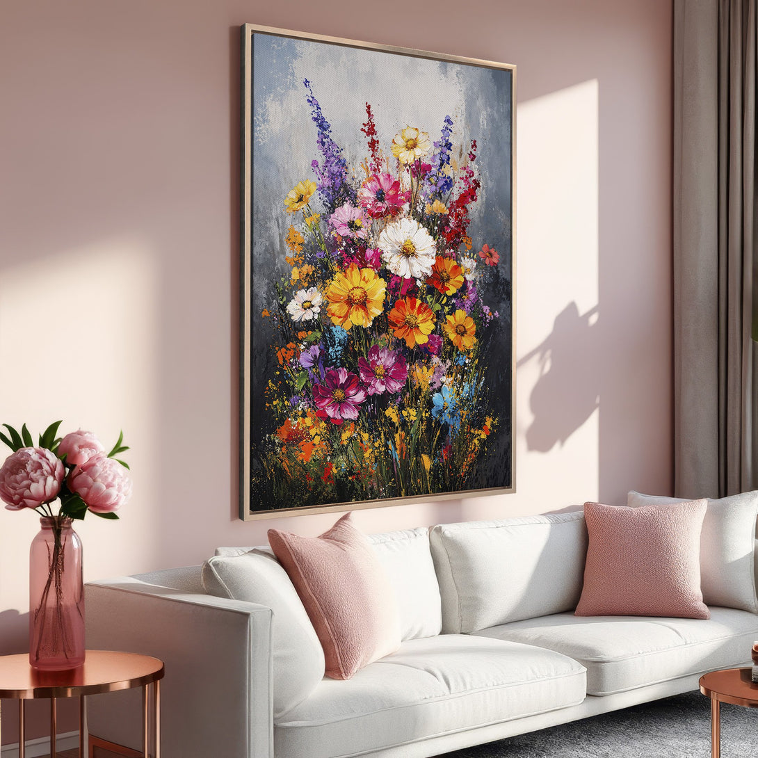 Framed Wall Art: Vibrant floral painting with a colorful palette, displayed in a modern interior. Perfect for adding a pop of color to your living space.