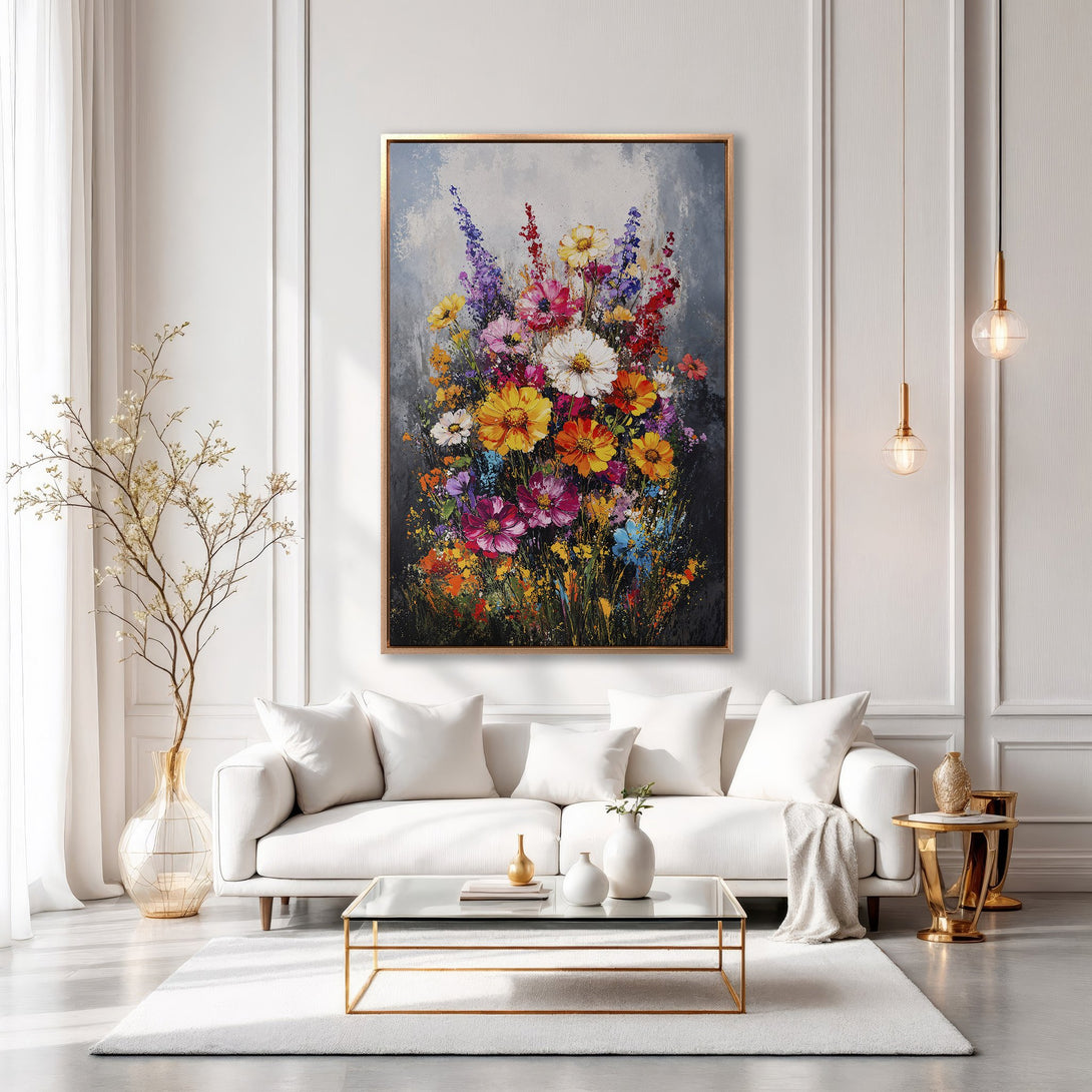 Framed Wall Art: Vibrant floral painting with a gold frame. Colorful blooms in a modern interior. Add a touch of elegance to your home decor.
