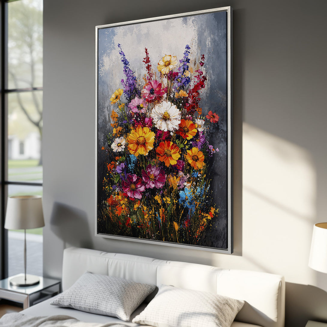 Framed Wall Art: Vibrant floral oil painting with a colorful palette. Adds a touch of modern art to any interior. Shop now for unique wall decor!
