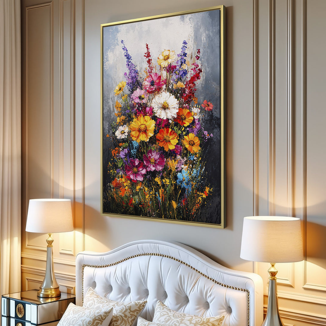 Colorful floral Canvas Print in a modern interior. Vibrant blooms with a textured, impressionistic style. Adds a pop of color to any space.