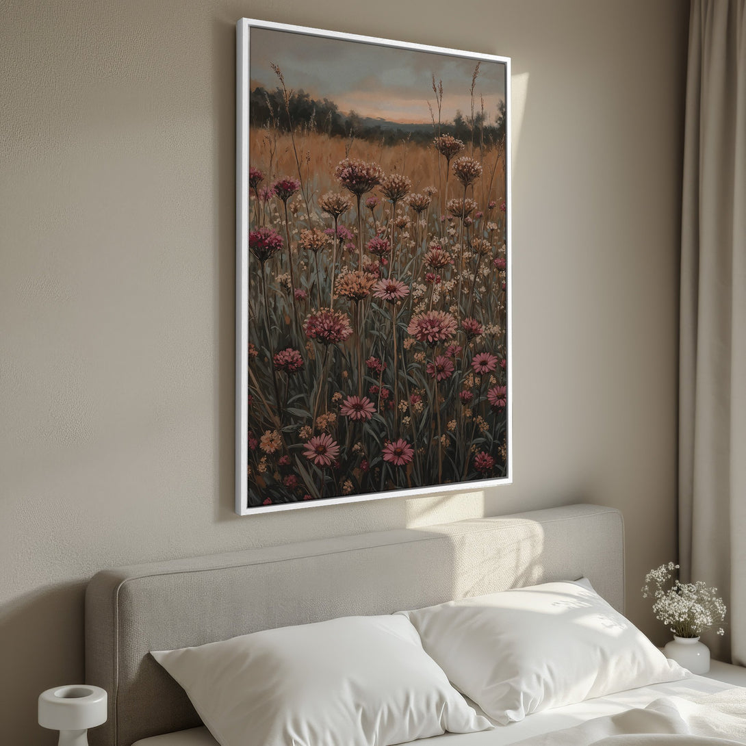 Framed Wall Art: Botanical field art in warm earth tones. Enhance your bedroom decor with this beautiful canvas print featuring a floral landscape.