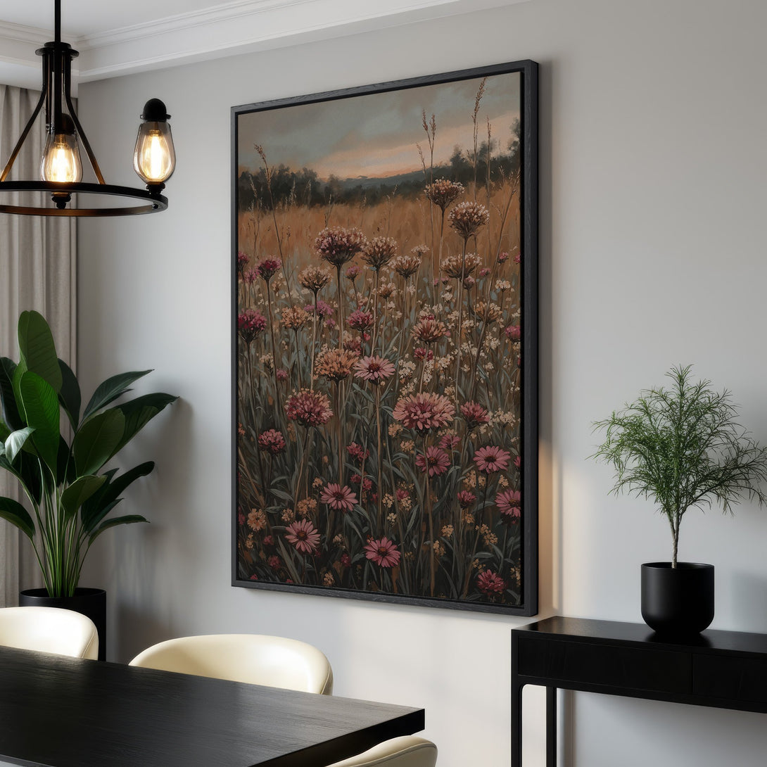 Framed Wall Art featuring a field of flowers in a painterly style. Warm, earthy color palette with pink and brown tones. Perfect for adding a touch of nature.