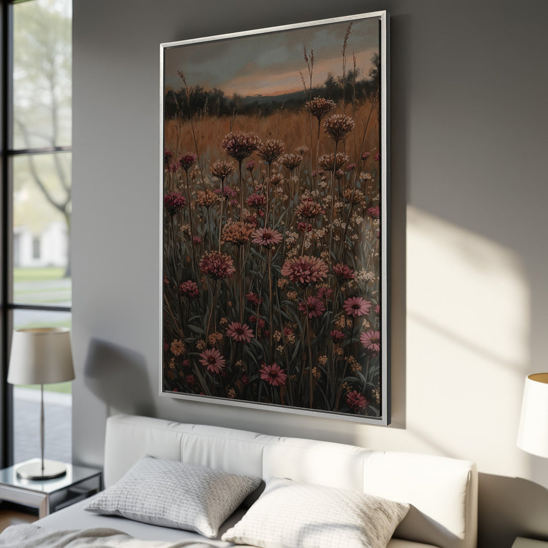 Framed Wall Art: Floral field Canvas Print in warm earth tones. Enhance your space with this stunning botanical art piece. Perfect for bedroom decor!