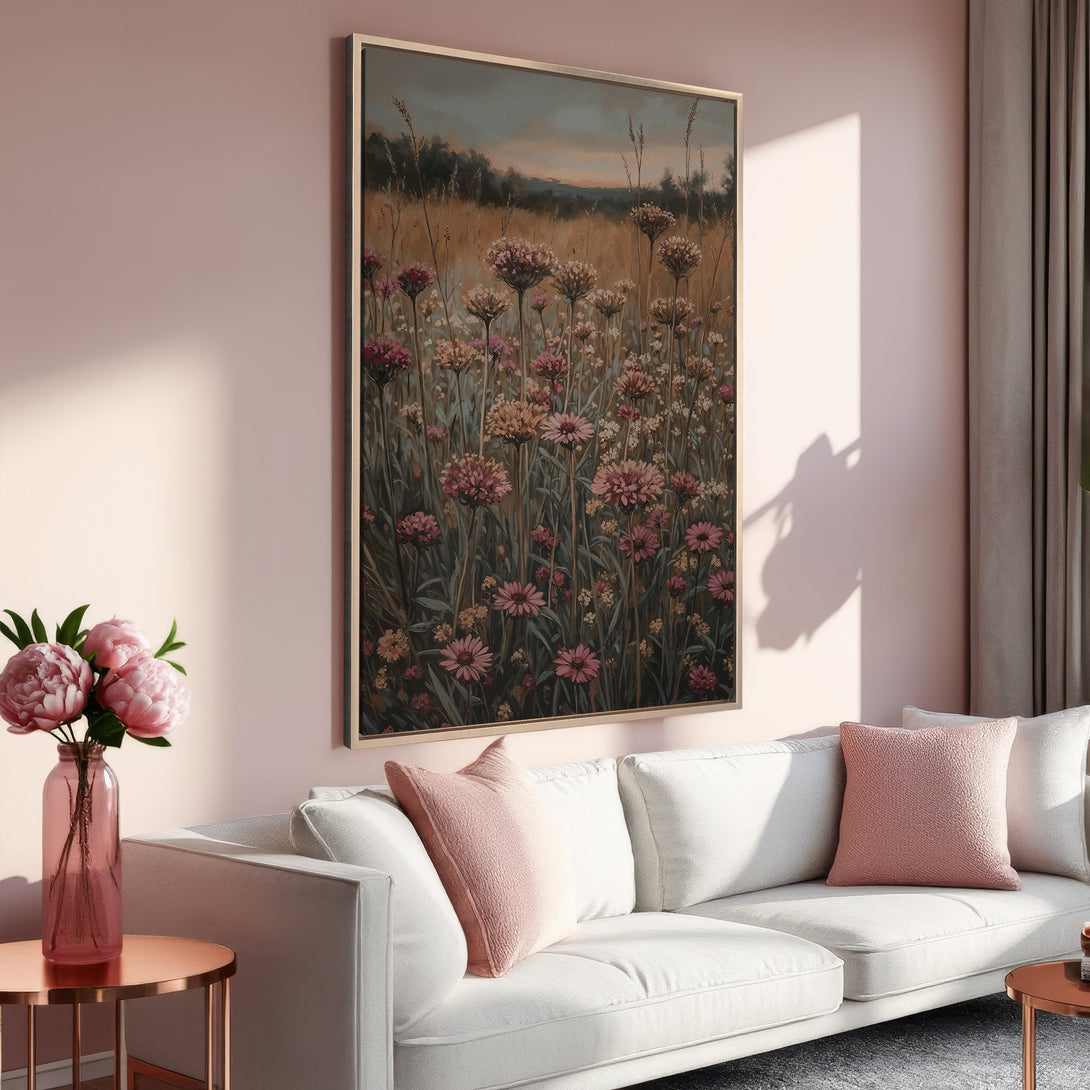 Framed Wall Art featuring a field of flowers in a muted, vintage style. Soft pink and neutral tones create a calming aesthetic, perfect for any space.