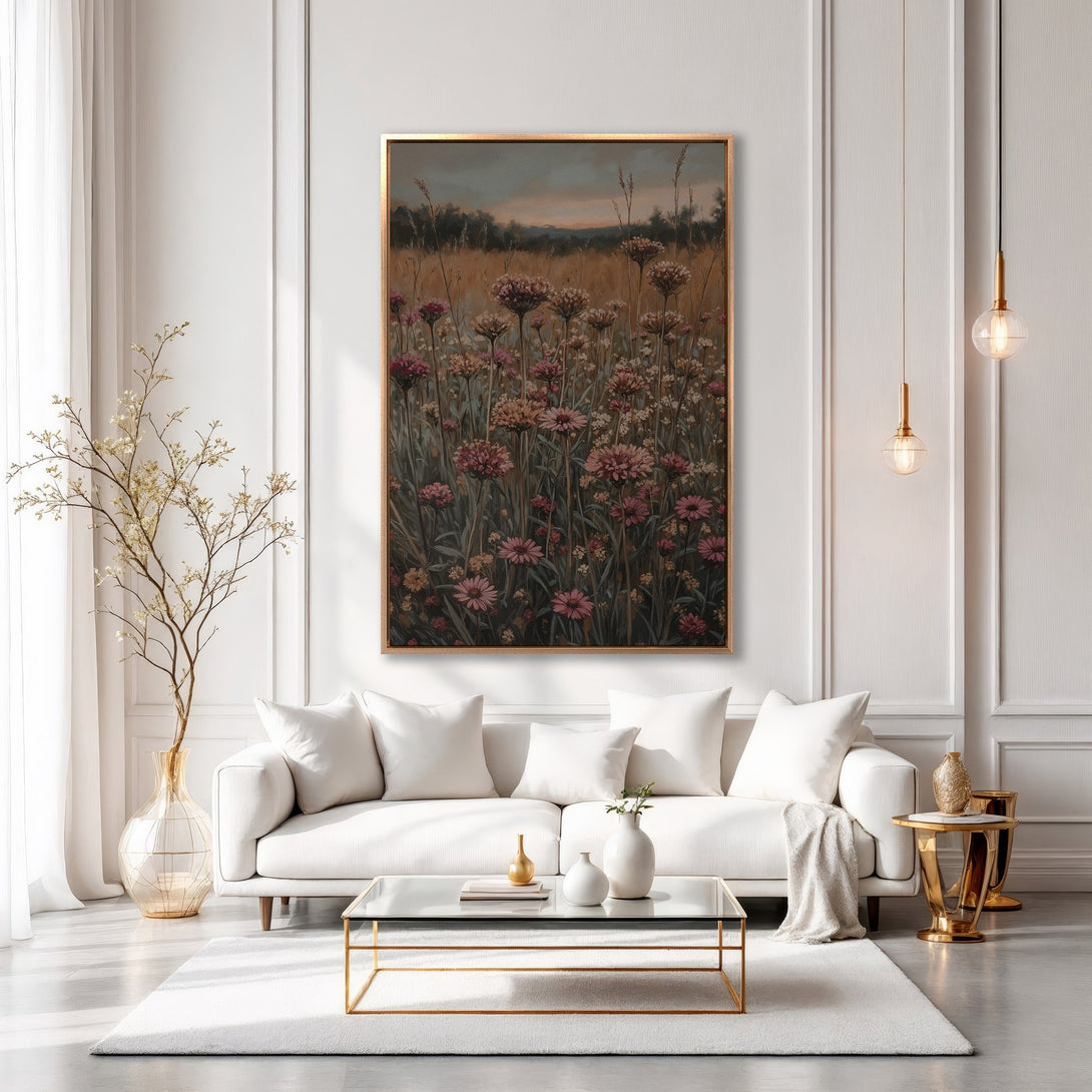 Framed Wall Art: Elegant floral canvas print in a warm color palette displayed in a modern interior. Perfect for adding a touch of nature and sophistication.
