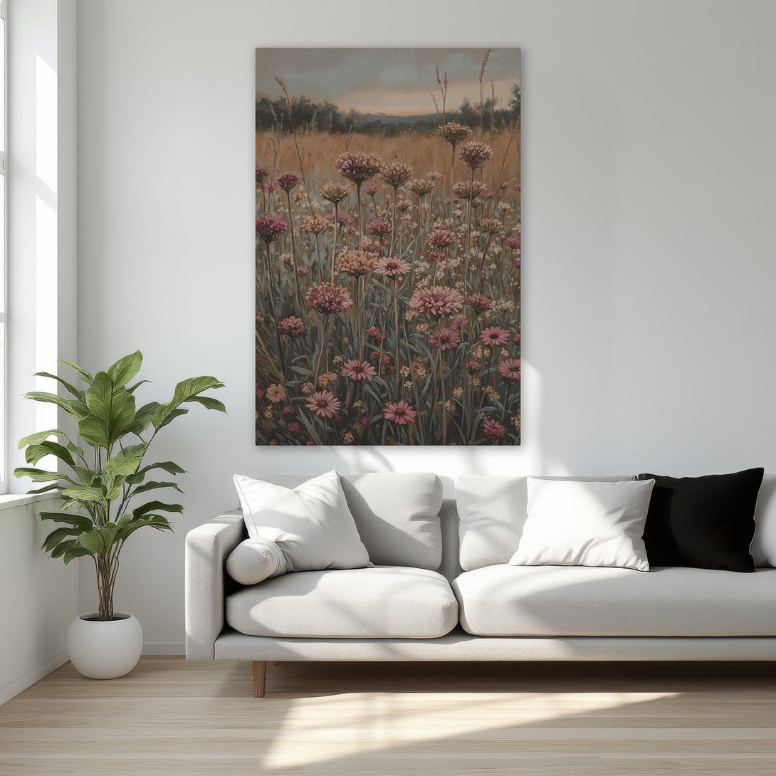 Framed Wall Art: Floral field painting in warm earth tones. Adds a touch of elegance and nature to any space. Perfect for bedroom decor.