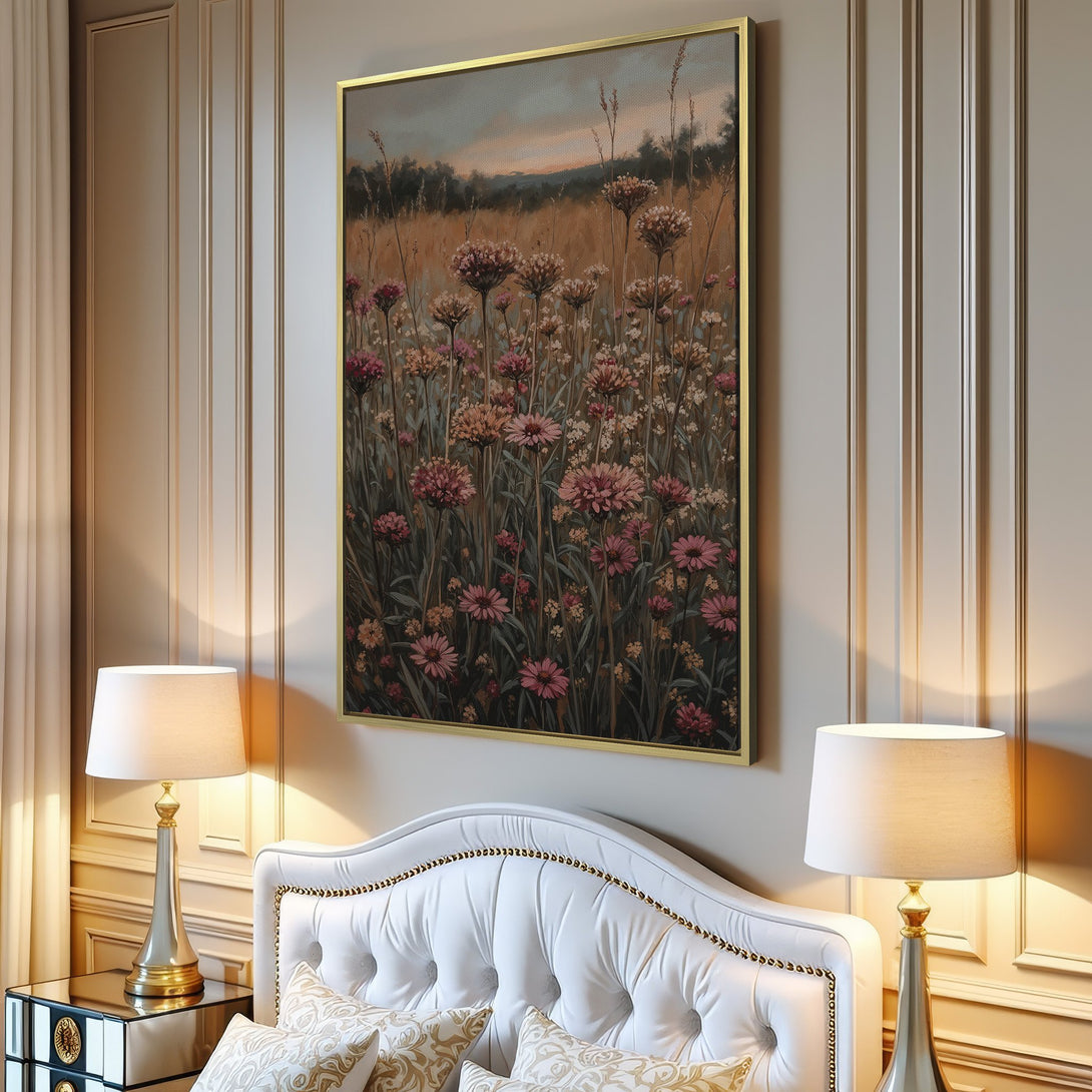 Canvas Print of a floral field painting in muted pinks and browns, perfect for adding a touch of nature-inspired art to your home decor.