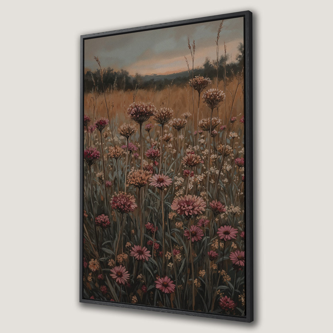 Framed Wall Art featuring a field of wildflowers in a soft, impressionistic style. Earthy tones of brown, pink, and green create a serene, natural aesthetic.