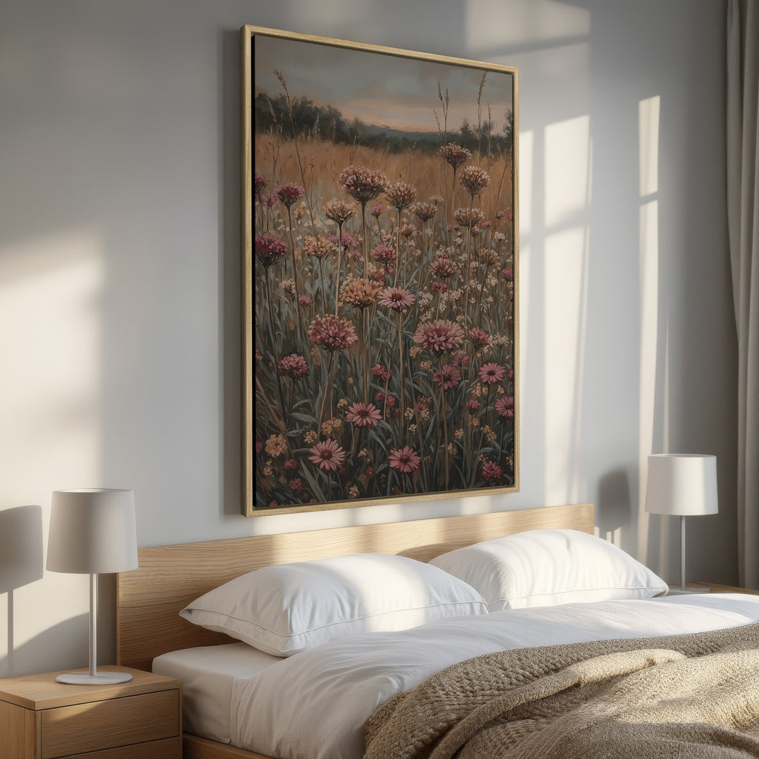 Framed Wall Art: Floral field painting in warm earth tones. Rustic style Canvas Print adds cozy, natural decor to bedroom.