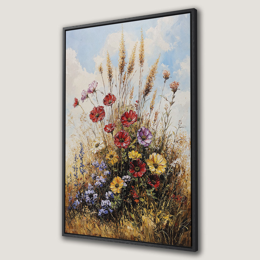 Framed Wall Art: Vibrant floral painting in a rustic style. Features colorful wildflowers against a blue sky and warm earth tones. Perfect for home decor.
