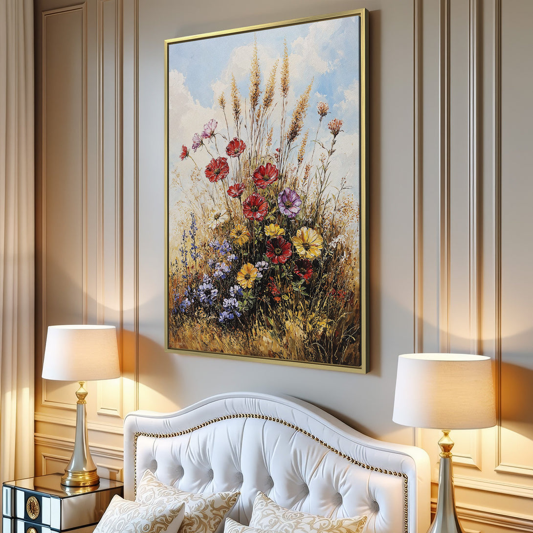 Canvas Print of vibrant wildflowers in a field, impressionistic style, featuring a warm, colorful palette. Perfect for any home decor!
