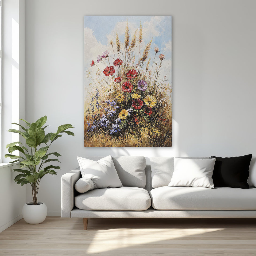 Framed Wall Art: Floral painting with vibrant red, yellow, and purple flowers set against a blue sky. Classic style, perfect for bedroom decor.