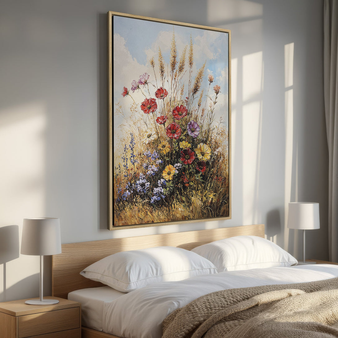 Framed Wall Art of vibrant wildflowers in a bedroom. Impressionistic style with a warm, natural color palette. Enhance your space with this beautiful canvas print.