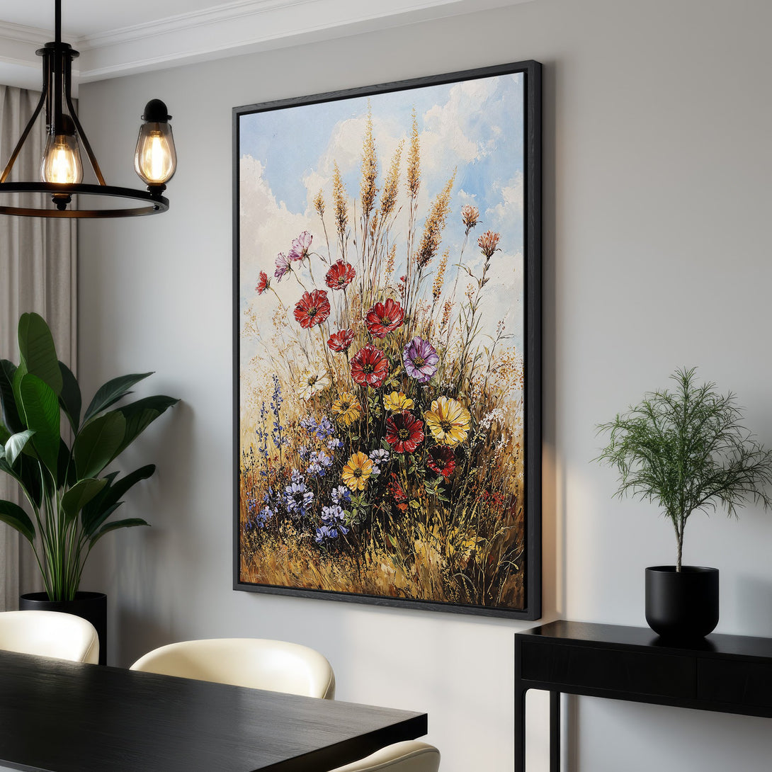 Framed Wall Art: Vibrant floral painting with a warm color palette of reds, yellows, and blues. Perfect for adding a touch of nature to your home decor.