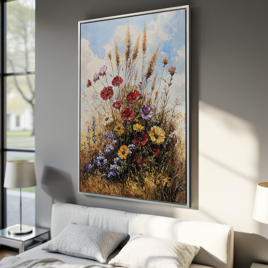 Framed Wall Art: Vibrant floral canvas print in a bedroom. Impressionistic style with a warm, colorful palette of reds, yellows, and blues. Perfect home decor!