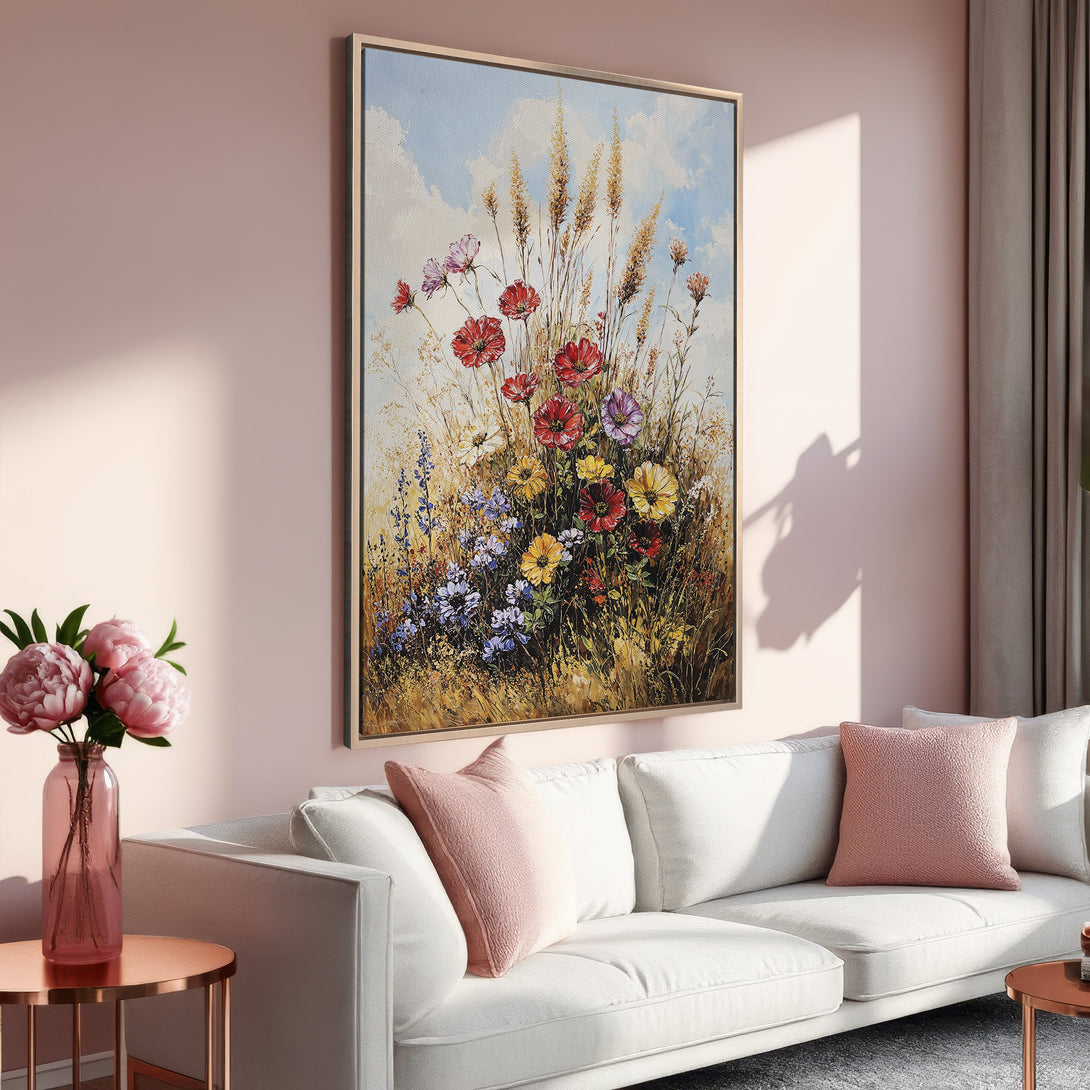 Framed Wall Art featuring a vibrant floral painting in a warm, inviting interior. Soft pink and gold tones create a cozy, stylish aesthetic.