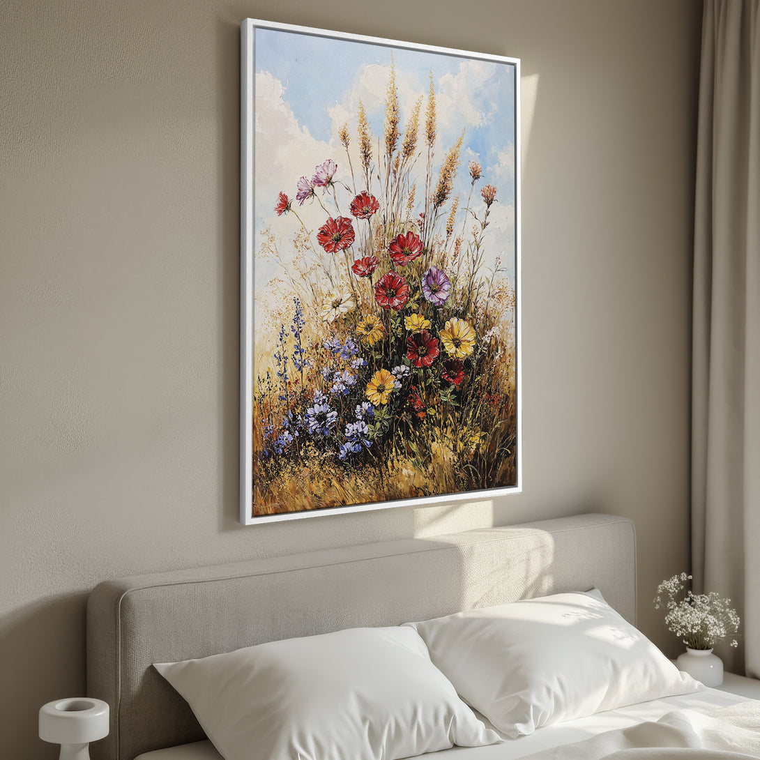 Framed Wall Art featuring a vibrant floral painting with a warm, earthy color palette. Adds a touch of nature-inspired elegance to any bedroom decor.