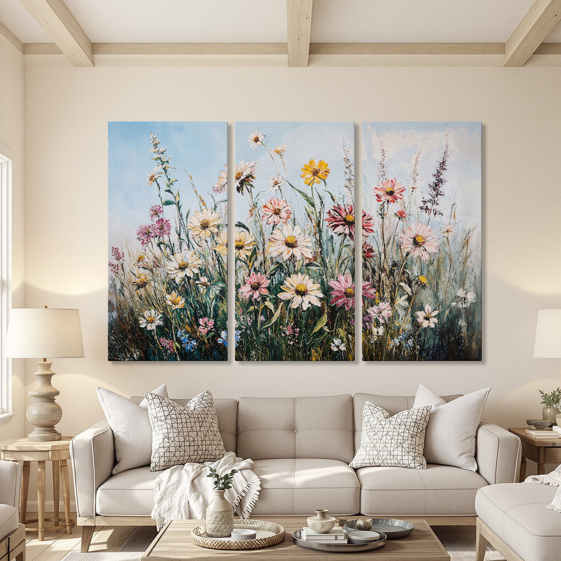 Canvas Print of vibrant floral art in a light and airy interior. Featuring a colorful wildflower meadow with a blue sky background, perfect for any home.