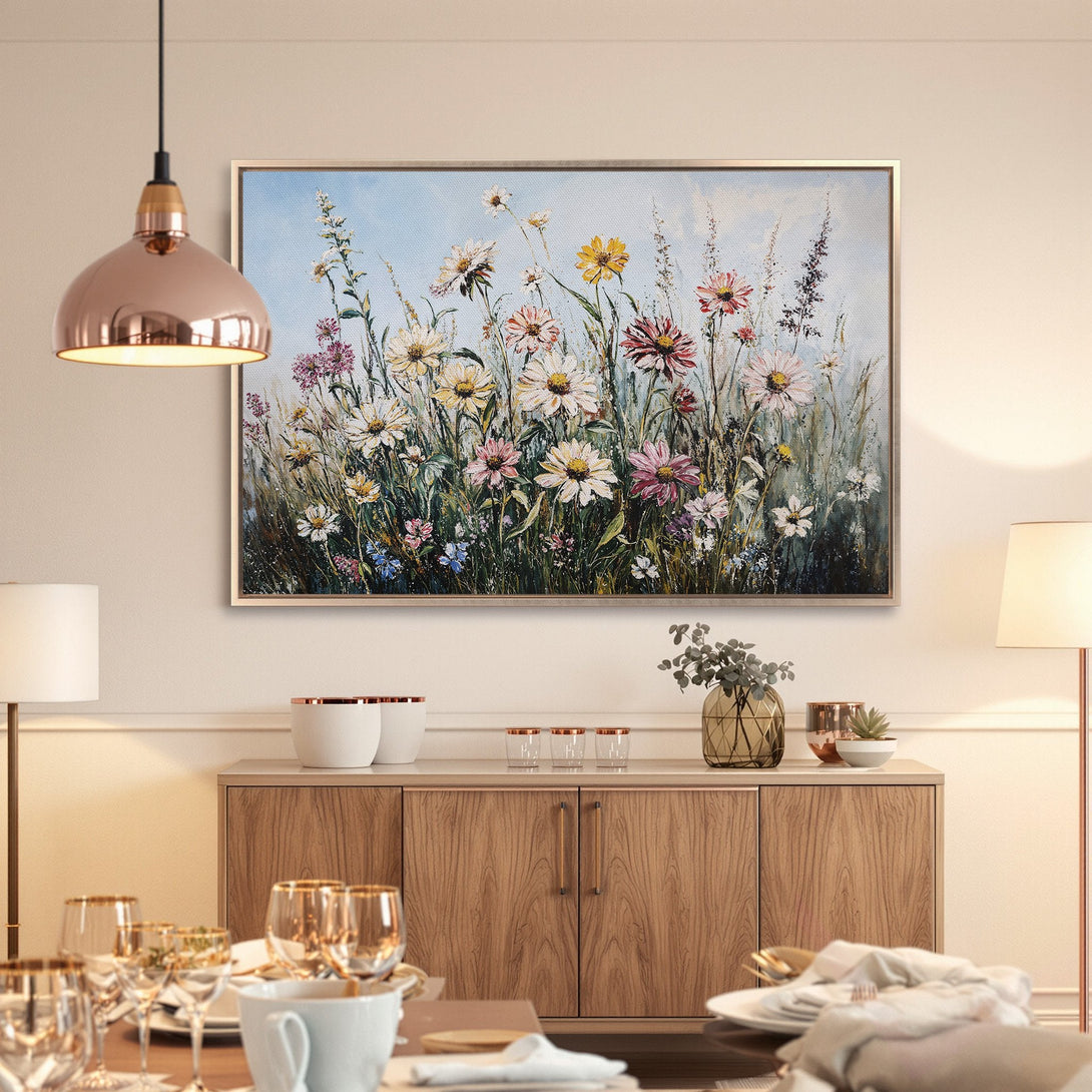 Framed Wall Art featuring a vibrant wildflower meadow painting in a soft, colorful palette. Perfect for adding a touch of nature's beauty to your home.
