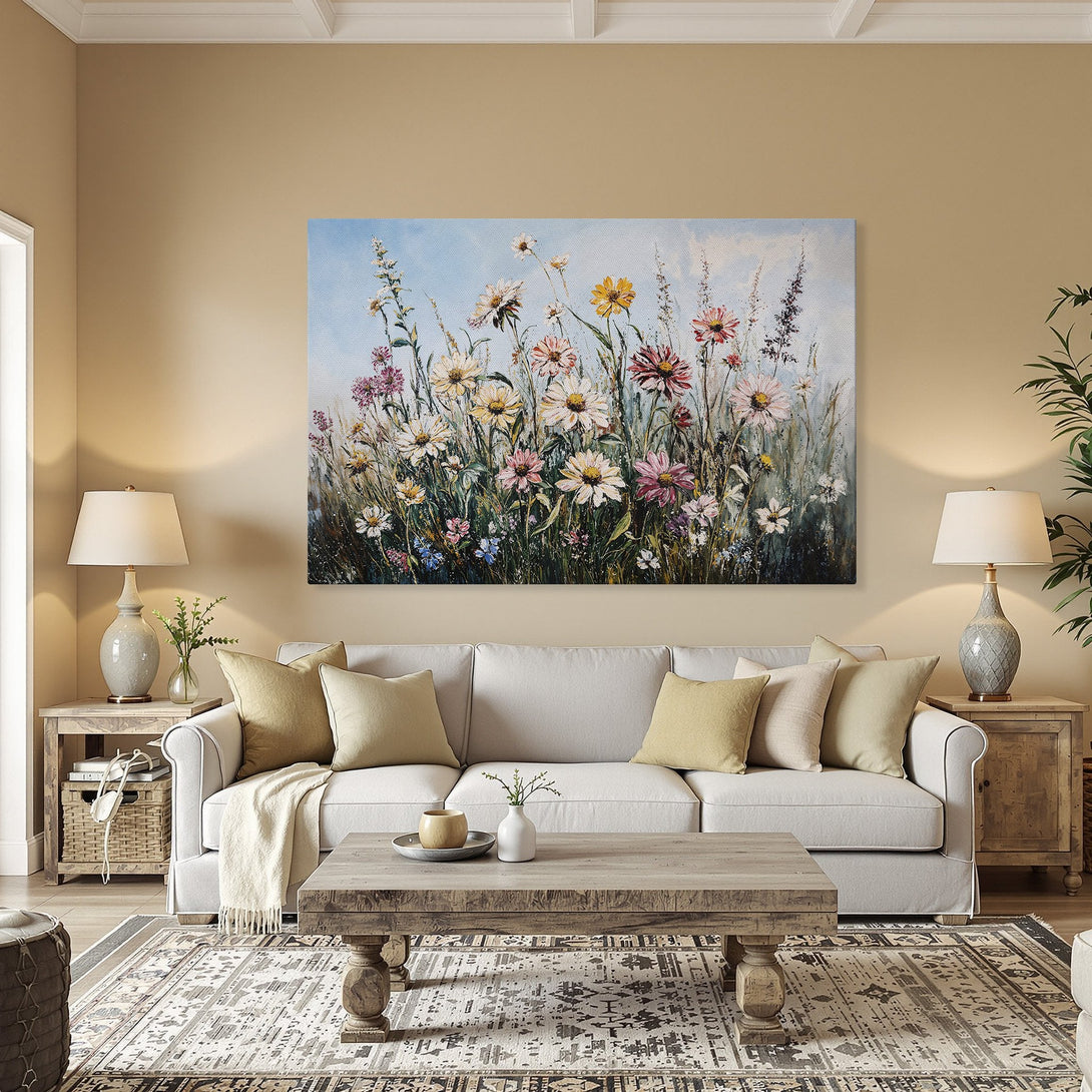 Framed Wall Art: Impressionist floral Canvas Print with a vibrant color palette. Perfect for adding a touch of nature to your dining room!