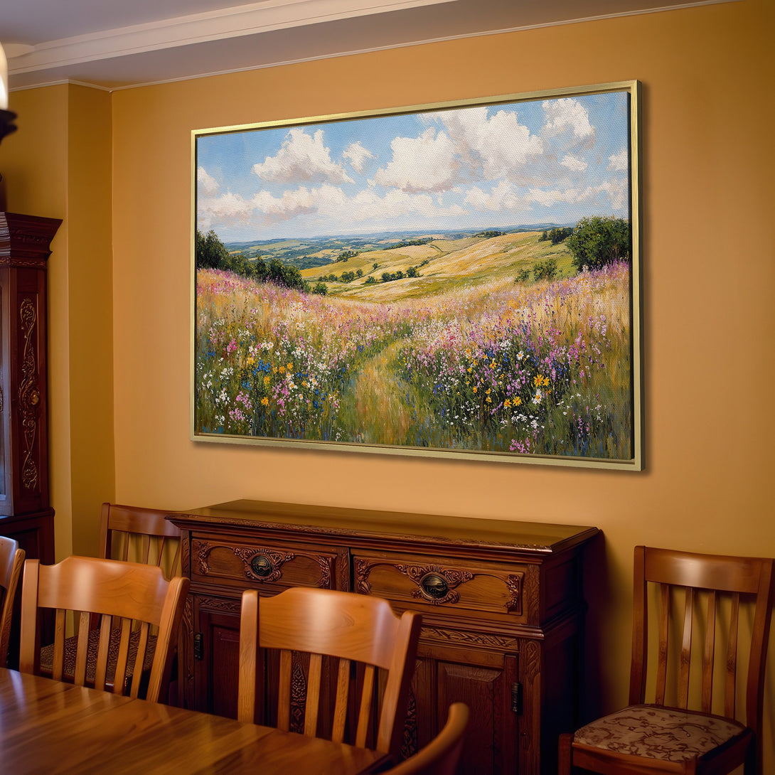 Canvas Print of a vibrant landscape painting with wildflowers, blue sky, and a warm, inviting color palette. Perfect for home decor.