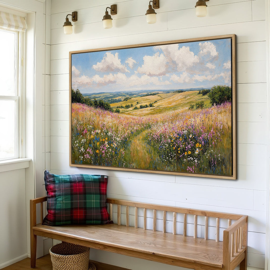 Framed Wall Art: Landscape Canvas Print with vibrant wildflowers & rolling hills. Warm, inviting color palette. Perfect for farmhouse decor.