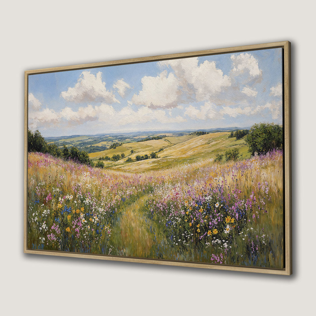 Canvas Print of a vibrant landscape painting with wildflowers, blue sky, and a warm color palette. Perfect wall art for your home!