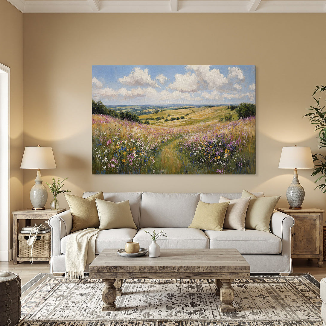 Framed Wall Art: Landscape Canvas Print with wildflowers, blue sky, and golden frame. Adds warmth and color to any room.