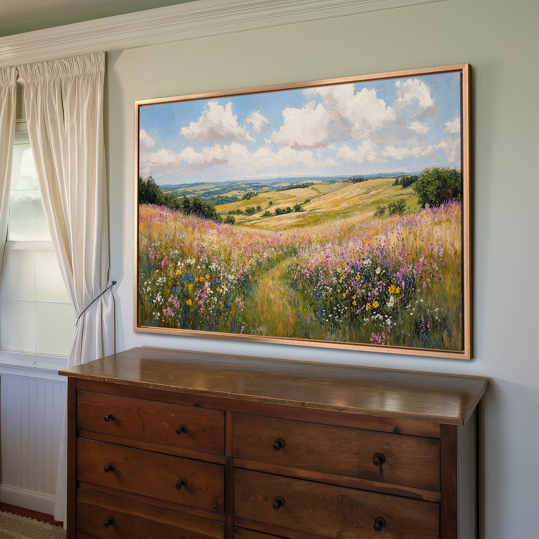 Framed Wall Art: Impressionist landscape Canvas Print with vibrant wildflowers, blue sky, and a warm, inviting color palette. Perfect for home decor.