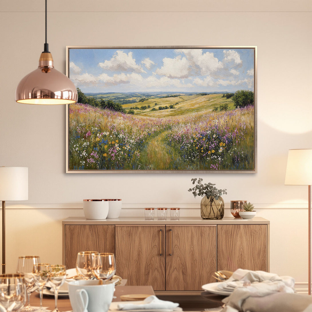 Framed Wall Art: Landscape Canvas Print with vibrant wildflowers and rolling hills. Warm, inviting color palette perfect for any home decor.