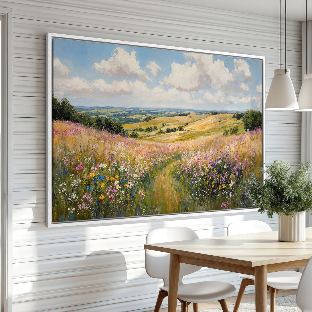 Framed Wall Art: Impressionist landscape Canvas Print with wildflowers, blue sky, and warm color palette. Perfect for adding a touch of nature to your home.