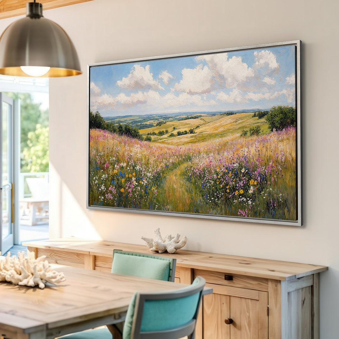 Framed Wall Art: Impressionist landscape Canvas Print with a vibrant meadow scene in a warm, inviting color palette. Perfect for adding a touch of nature to your home.