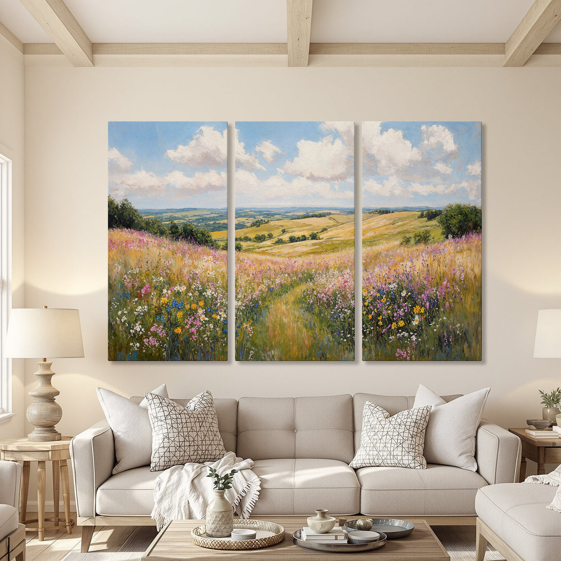 Canvas Print of a vibrant landscape painting. Features a meadow of wildflowers in a warm, inviting color palette. Perfect wall art for any room!