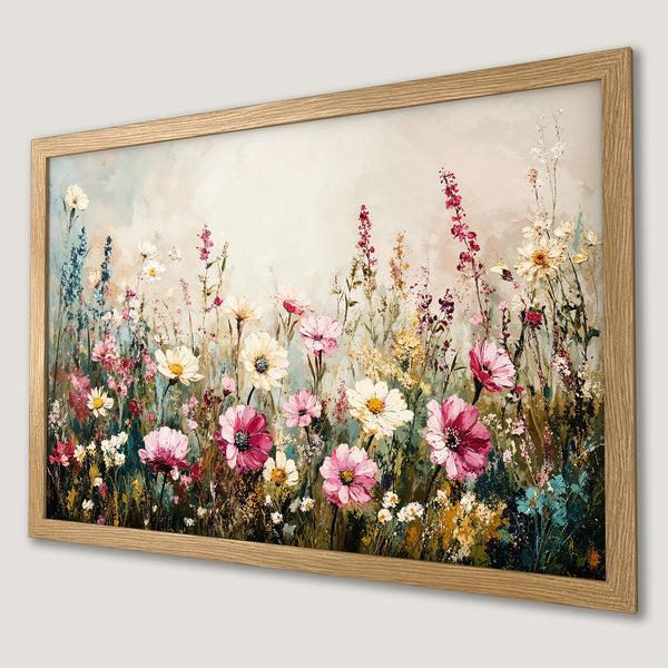Framed Poster of vibrant wildflowers in a painterly style with a soft, warm color palette. Bring nature's beauty indoors!