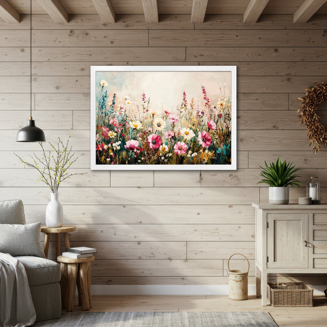 Framed Poster featuring a vibrant floral meadow in a soft, painterly style. Beautiful pink, white, and yellow blooms. Perfect wall art!