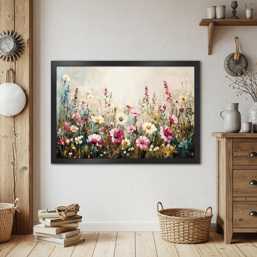 Framed Poster featuring a vibrant floral meadow painting in a soft, pastel color palette. Perfect wall art for a touch of nature.