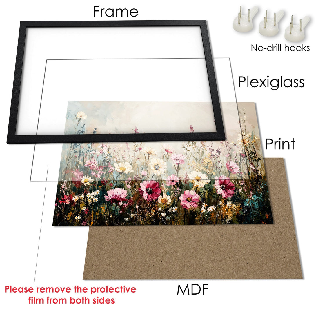 Framed Poster featuring a floral field in a painterly style with a vibrant, colorful palette. Perfect wall art!