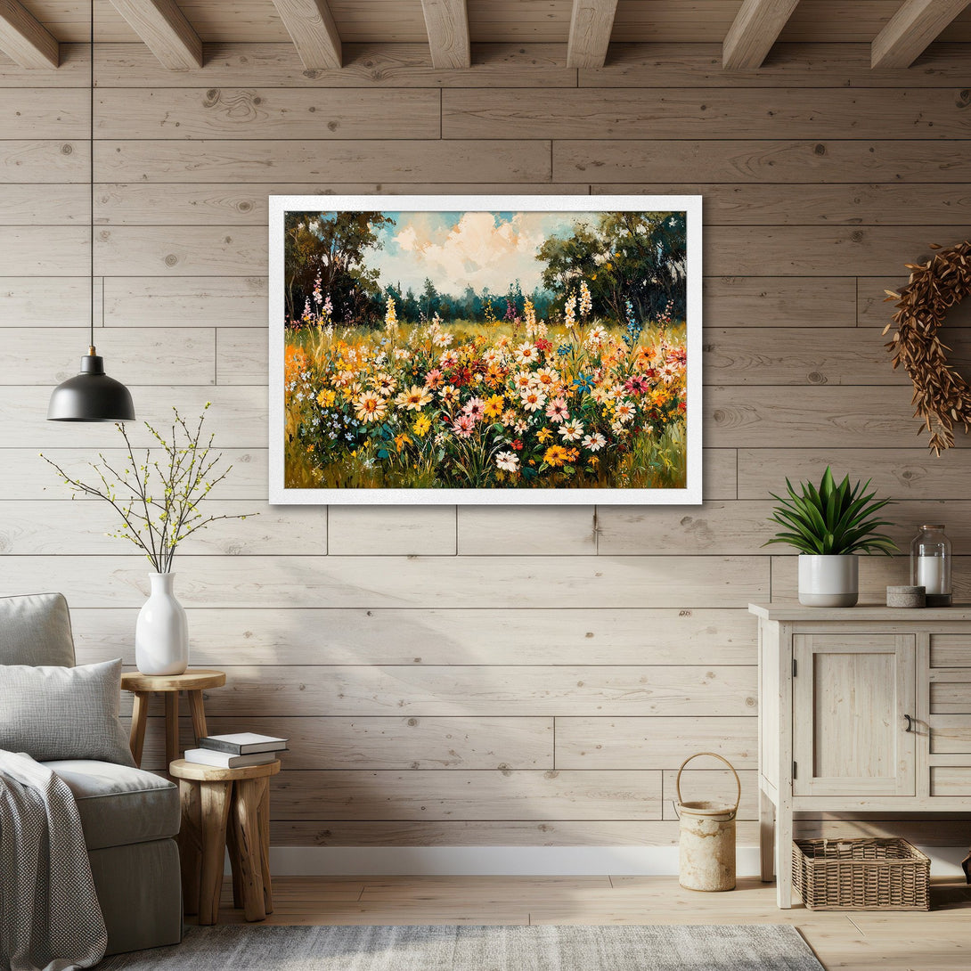 Framed Poster of a vibrant wildflower meadow in impressionistic style, featuring a colorful palette of yellows, pinks, and blues.