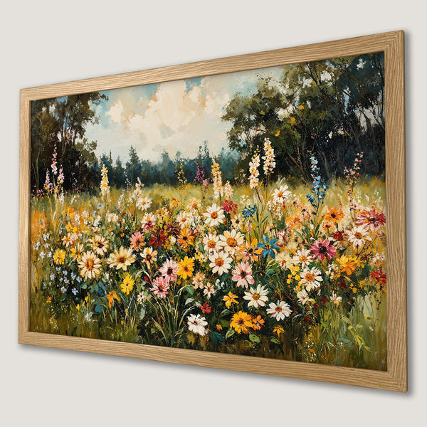 Framed Poster of a vibrant wildflower meadow painting. Warm, colorful palette brings nature's beauty indoors. Perfect wall art!