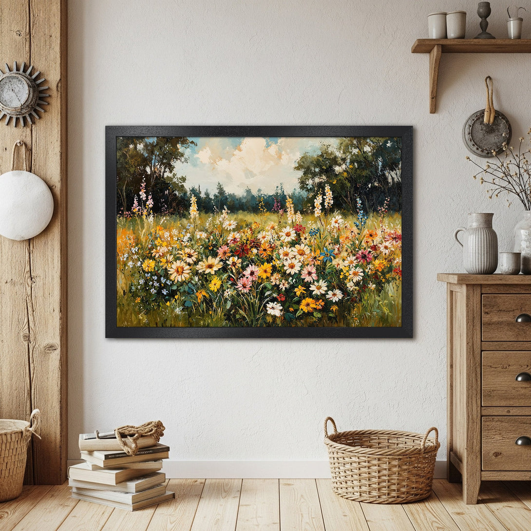 Framed Poster featuring a vibrant wildflower meadow painting. Rustic style, warm color palette with yellows, oranges, and greens.