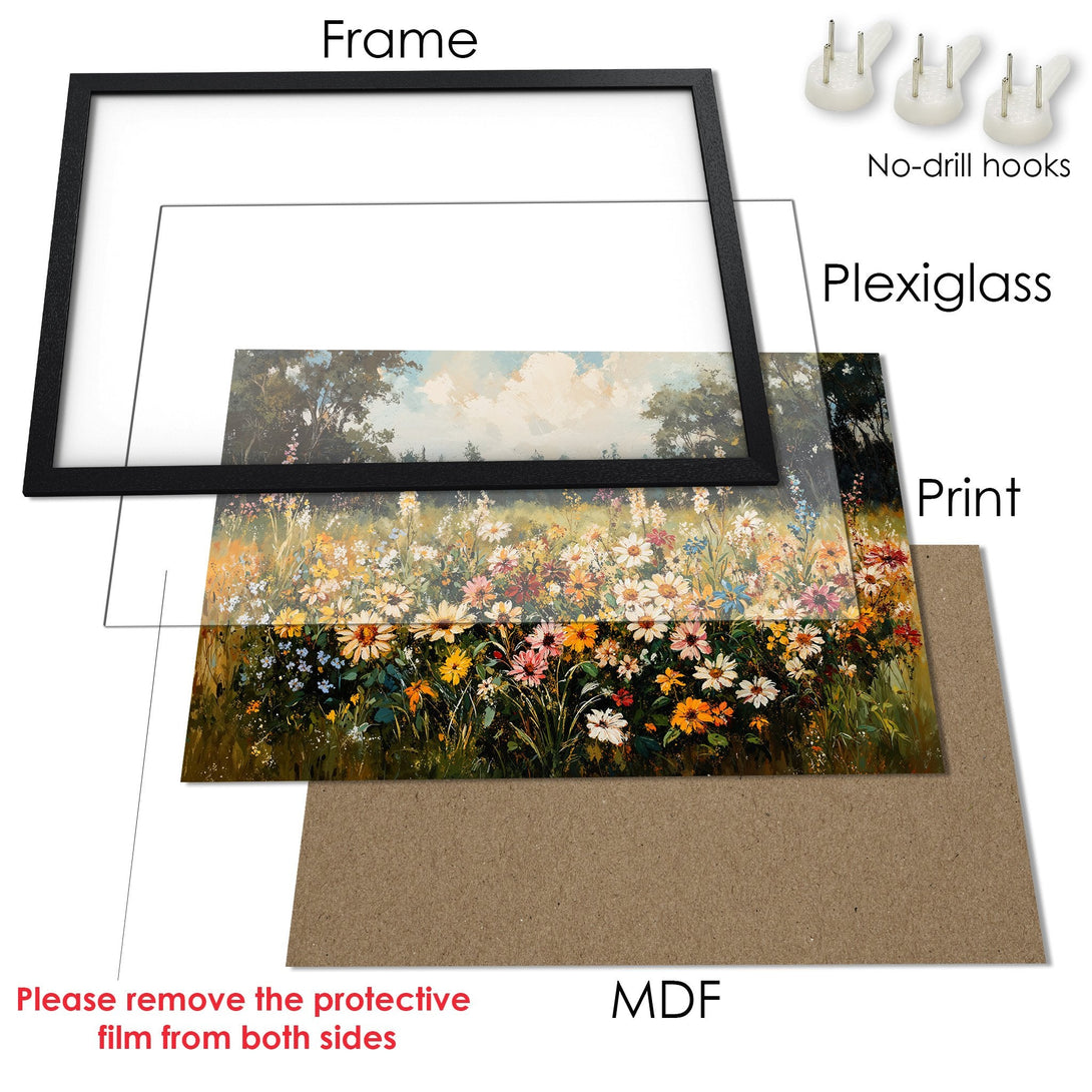 Framed Poster featuring a vibrant floral meadow painting in a warm, inviting color palette. Perfect wall art for your home!