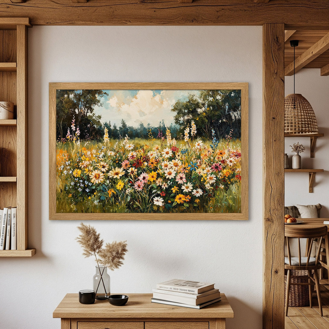 Framed Poster featuring a vibrant wildflower meadow painting in a warm, earthy color palette. Perfect art for a cozy home.