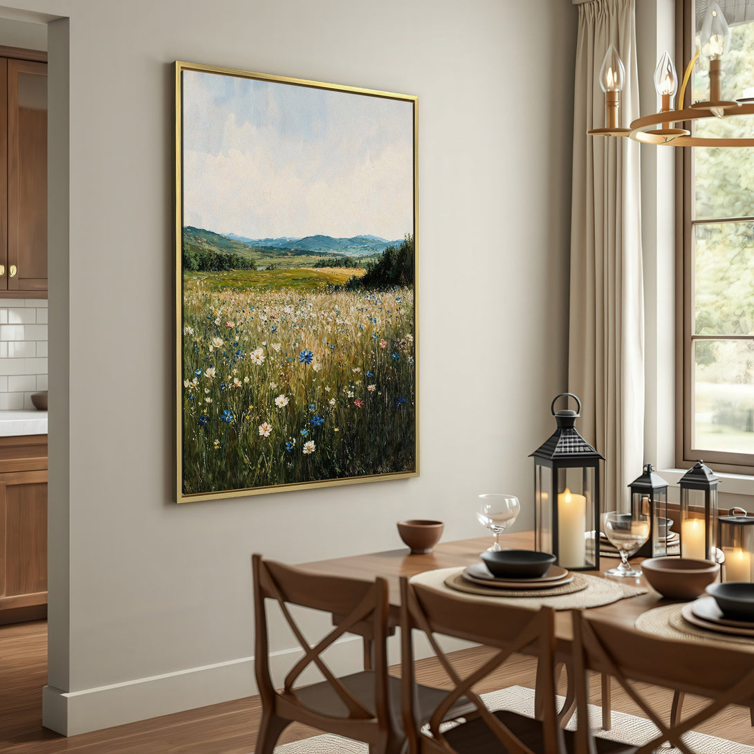 Canvas Print of a vibrant meadow landscape painting in a neutral interior. Features a soft, natural color palette, perfect for adding a touch of nature.