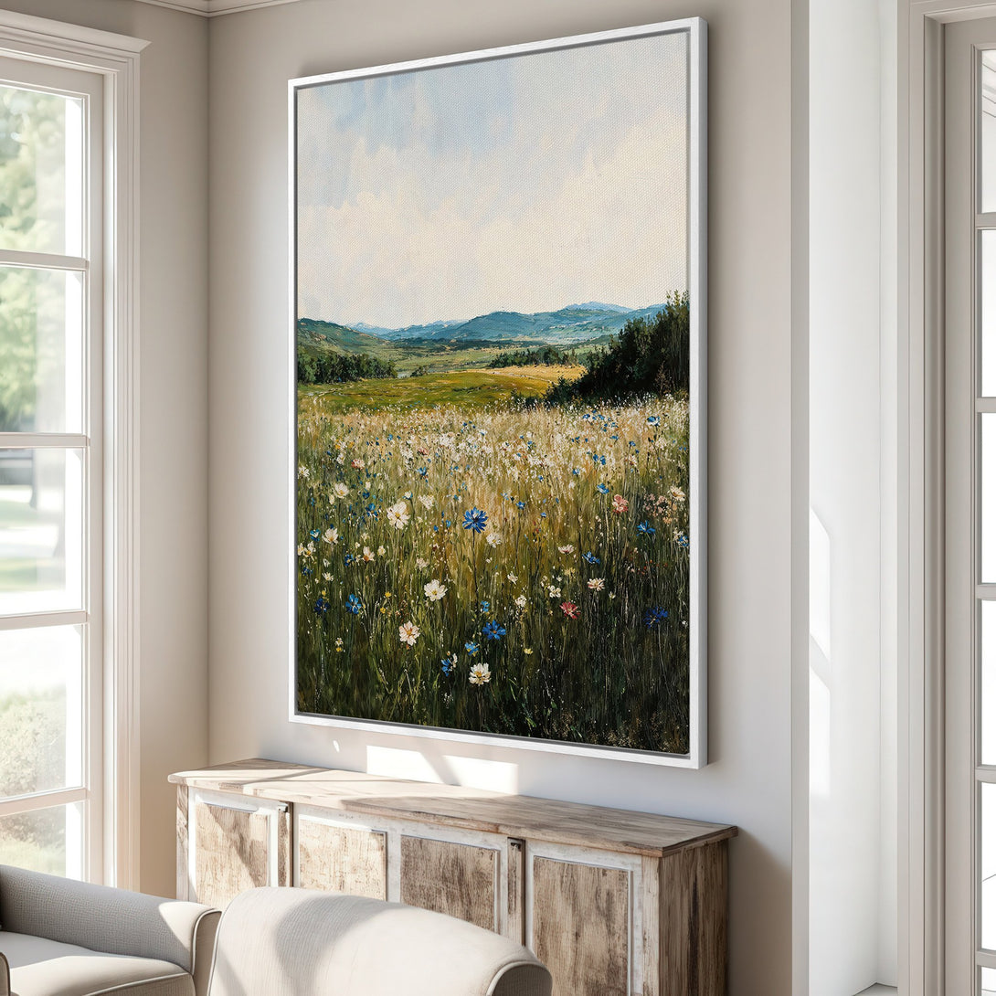 Framed Wall Art of a vibrant wildflower field landscape. Impressionistic style with green, blue, and yellow hues, perfect for adding natural beauty to any room.