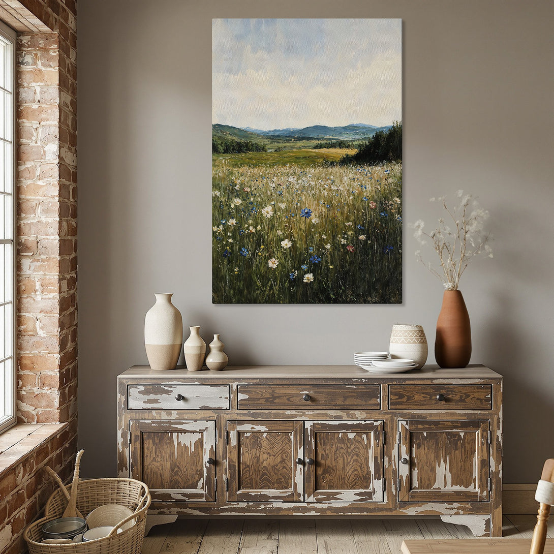 Framed Wall Art: Landscape Canvas Print of a wildflower meadow in a dining room. Earthy tones and a serene, impressionistic style.